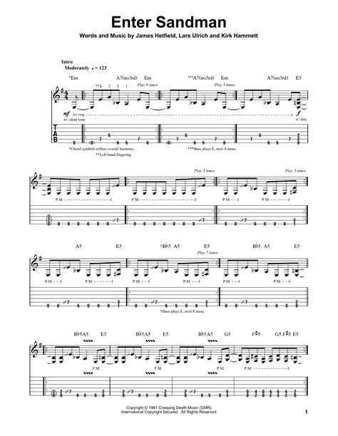 Enter sandman tabs - Enter Sandman Tab by Metallica. 10,367 views, added to favorites 128 times. Difficulty: intermediate: Key: E: Capo: no capo: Author Atian [a] 190. Last edit on Feb 13, 2014. View official tab. We have an official Enter Sandman tab made by UG professional guitarists. Check out the tab.